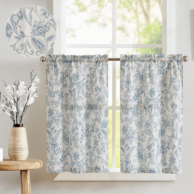 jinchan Floral Kitchen Curtains for Windows 36 Inch Linen Tier Farmhouse Cafe Curtains Country Botanic Small Window Rod Pocket Rustic Flax for Laundry Bathroom RV 2 Panels Blue on Beige