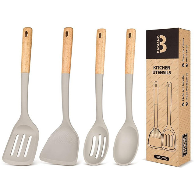 Silicone Cooking Utensils Set, Perfectly Angled for Frying, Mixing,Serving,Draining,Turning and Stirring, BPA-Free Matte Silicone, Wood Handles, Safe for Nonstick Cooking Surfaces,4 Pack (Khaki)