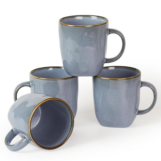 famiware Coffee Mugs Set of 4, Ocean Square 13oz Coffee Cup Set with Handle for Cocoa, Milk, Hot Chocolate, Tea, Water, Stoneware Cups for Kitchen, Microwave and Dishwasher Safe, Blue