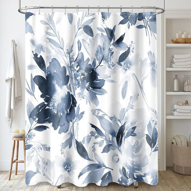 MAYZUS Navy Blue Floral Shower Curtain, Summer Watercolor Flower Shower Curtain for Bathroom, Modern Abstract Ink Decorative Fabric Shower Curtain Set with Hooks 72x72 Blue White