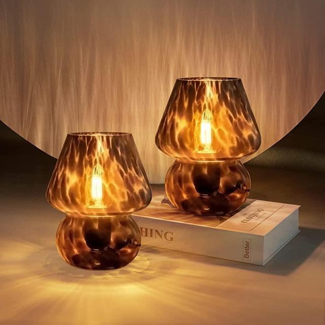 ONEWISH Mushroom Lamp Small Vintage Table Lamp for Bedroom Set of 2, Nightstand Bedside Lamp Translucent Glass Dimmable, Murano Aesthetic Home Decor for Living Room Kitchen Dorm Gift(Black)