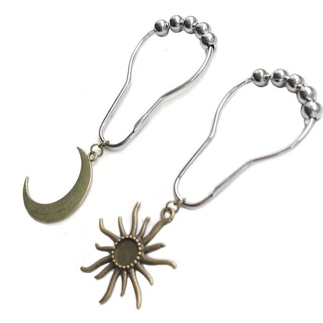 Sun Moon Celestial Shower Curtain Hooks - Gothic Shower Curtain Set, Silver Shower Curtain Hangers, Chic Decorative Shower Rings, Mystic Art Fantasy Antique Goth Witchy Bathroom Decor (Sun Moon)