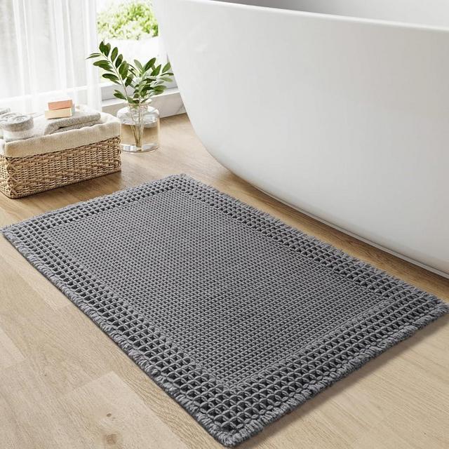 RESARE Waffle Bath Mat for Bathroom, Super Absorbent Bathroom Rugs Non Slip Machine Washable, Ultra Soft Boho Bath Rugs with Tassels for Bathroom Floor, Upgraded Bordered Design, 18"x30" Dark Grey