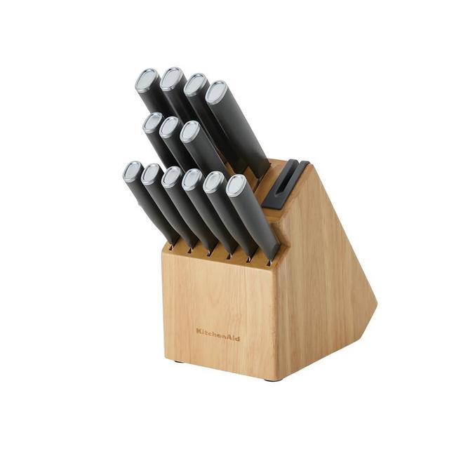 KitchenAid Classic Natural Knife Block Set with Built-In Sharpener, High-Carbon Japanese Stainless Steel Knives, Charcoal Gray, 14-Piece