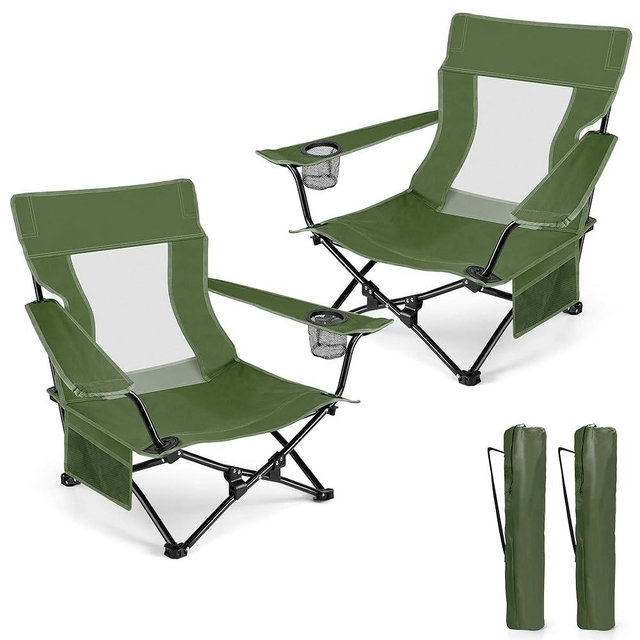 HaSteeL Folding Beach Chair Set of 2, Foldable Green Camping Chairs for Outside, Low Beach Chair Portable for Adults Fishing, Picnic, Outdoor BBQ, Travel, Sports, Cup Holder & Storage Bag
