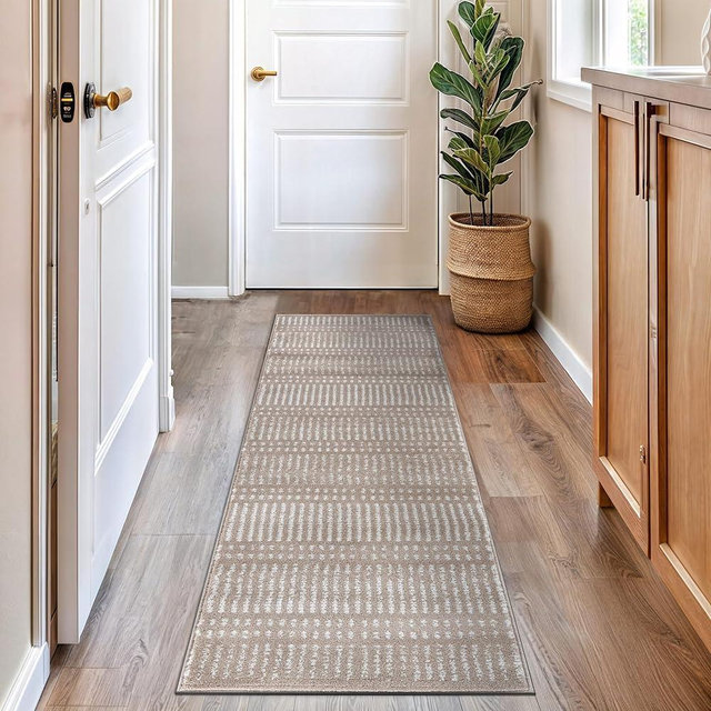 Rugshop Contemporary Stripe Lines High Traffic Living Room,Bedroom,Kitchen, Home Office High Traffic Living Room,Bedroom,Kitchen, Home Office Runner Rug 2' x 7' Beige
