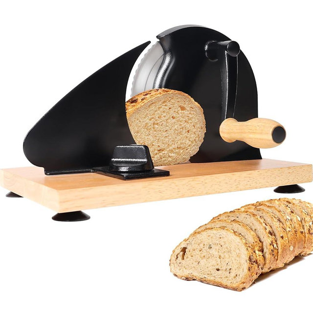 Manual Bread Slicer for Homemade Bread,Even Slicing Thickness-Adjustable Slices,Scale Lines&SuperStrong SuctionCup Fixation,Hand Crank Bread Slicer for Sourdough Rounds,Kitchen&Bakery Gift Idea（Black）