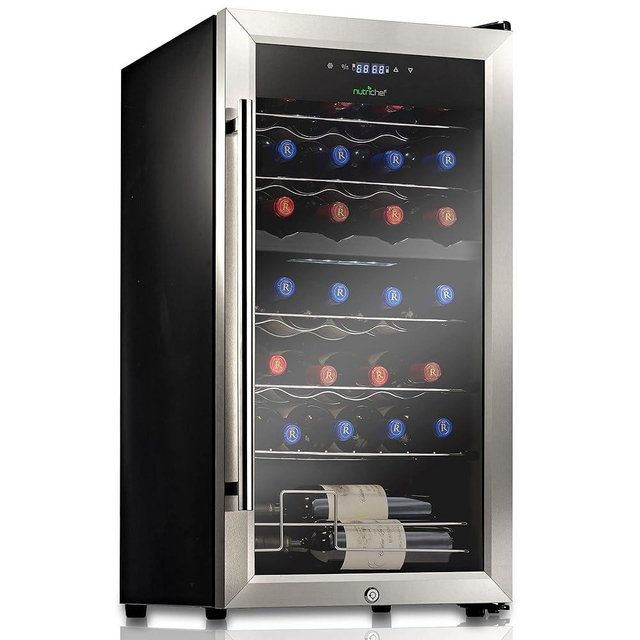 NutriChef 28 Bottle Wine Fridge | Dual Zone Wine Chiller | Adjustable Temperature 41°F to 64°F | Ultra Quiet Operation | Wine Cooler For Home, & Office | Free Standing 33x16x17 IN (Black)