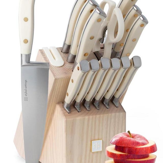 Styled Settings White Knife Set with Block and Sharpener - 14 Piece Ultra-Sharp High Carbon Stainless Steel Knife Set with Gold Triple Riveted Forged White Handle and Ashwood Knife Sharpener Block