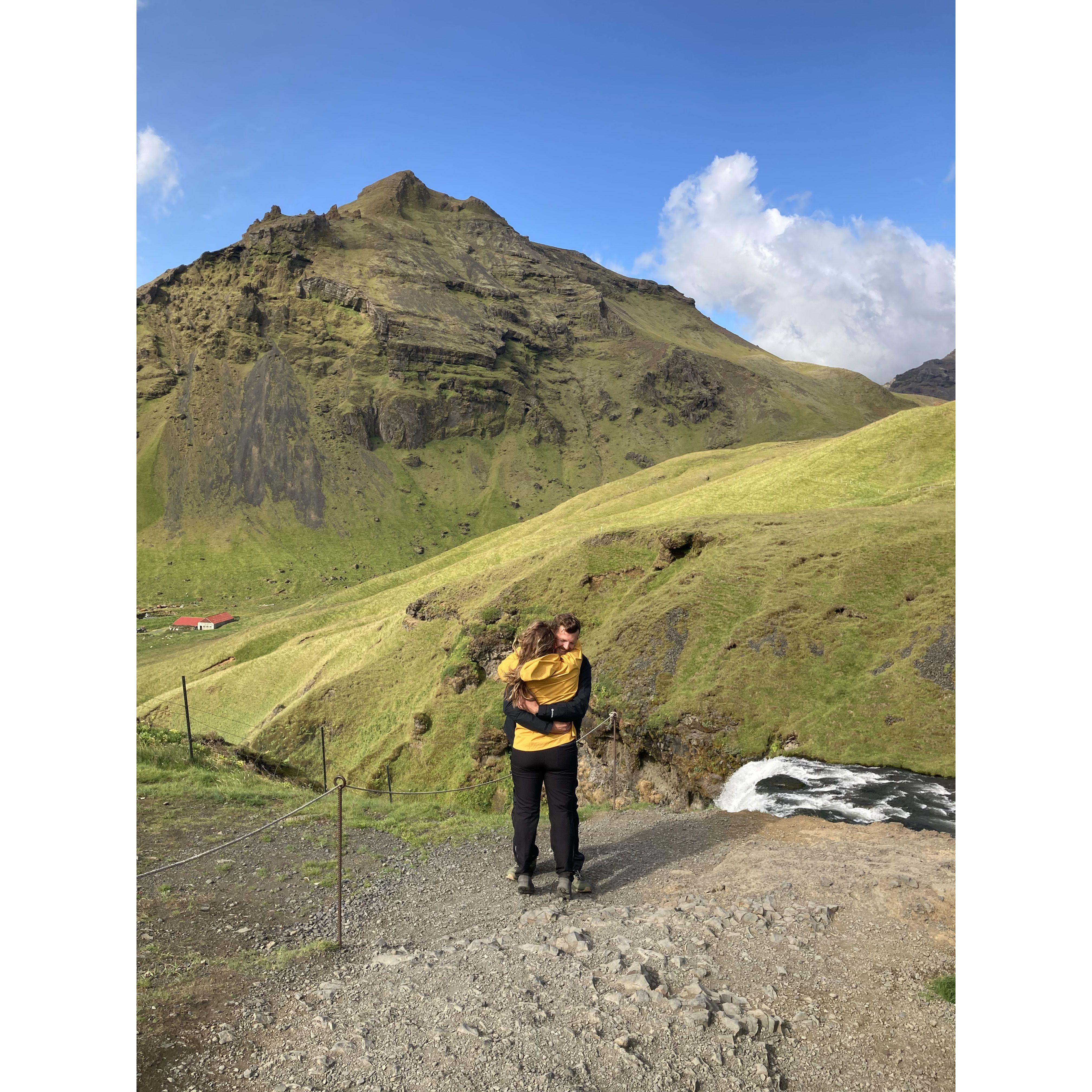 Brendon proposed on top of Skogafoss falls in Iceland. Fun fact Brendon had run a marathon the day before and we had to walk up 500 steps to get where he proposed...Jess was the one winded at the top
