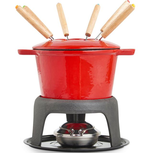 Fondue Set with 6 Forks - Cast Iron Porcelain Enamel Pot