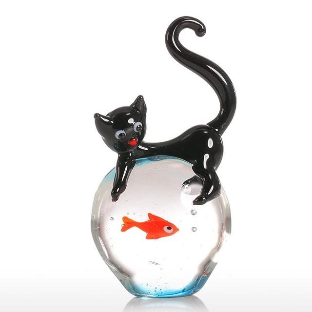Tooarts Cat and Goldfish Sculpture Glass Ornament Cat Figurine Hand Blown Black & Red