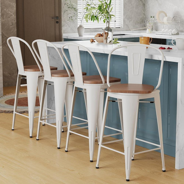 Alunaune 26" Swivel Metal Bar Stools Set of 4 High Back Counter Height Barstools Industrial Dining Bar Chairs with Large Wooden Seat-White