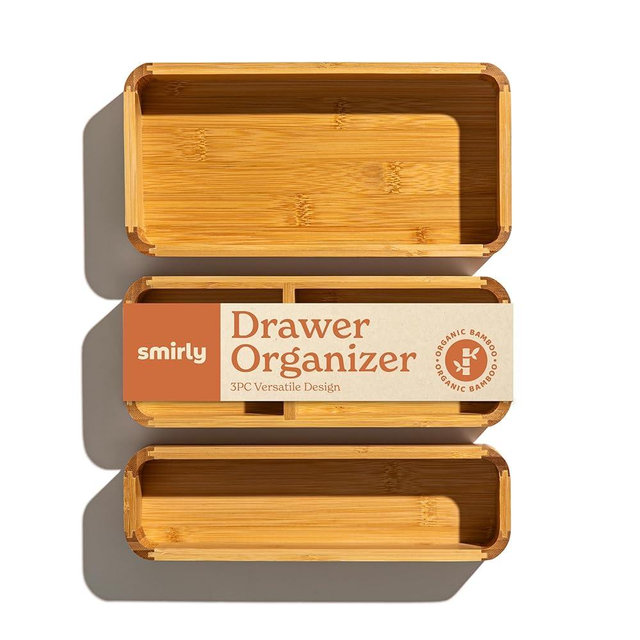 SMIRLY 3-Piece Bamboo Kitchen Drawer Organizer Set for Large and Small Utensils, Multi-use Storage Box - Bathroom, Nightstand, Jewelry, Cutlery, Knife, Spice, Towel, Junk Drawer Tray