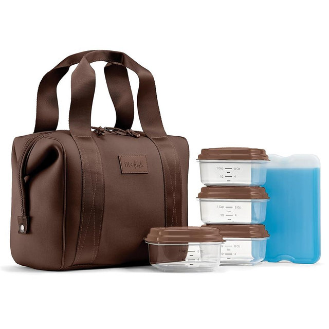 Fit & Fresh Remi Neoprene Lunch Bag For Women - Meal Prep Kit with Containers & XL Ice Pack, Self Insulating Neoprene-like Material, Machine Washable Lunch Bag, Tear & Stain-Resistant, Chocolate