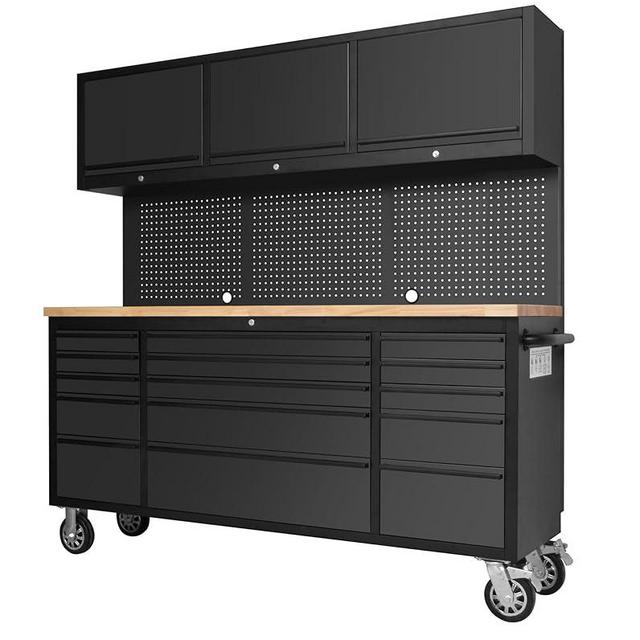 CT Copper Tailor 72-inch Tool Chest Cabinet Mobile Garage Workbench with 15 Storage Drawers and Wheels, 3 Upper Cabinet, Pegboard, Steel Large Tool Box, Black