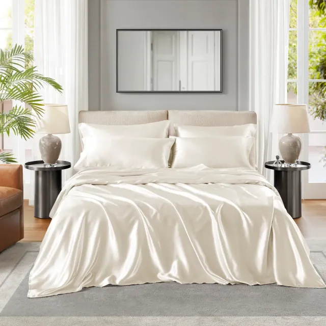 Satin Sheets, Luxurious Silky Satin Bed Sheets, 14" Pocket fits up to 16" Mattress, Wrinkle-Free, Soft Satin Bed Sheet Set,Ivory,Queen
