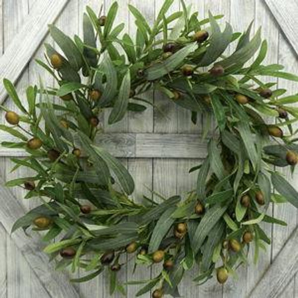 20 inches Artificial Green Olive Wreath Greenery Wreath with Olive Leaves, Bean for Front Door Indoor Outdoor Farmhouse Home Wall Window Festival Wedding Decor, White Gift Box Included