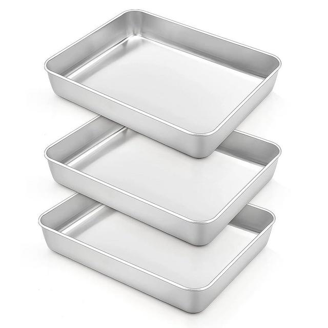 TeamFar Small Rectangular Cake Pan, 9.3’’ x 7’’ x 2’’, Stainless Steel Baking Lasagna Casserole Brownie Pan, Healthy & Heavy Duty, Brushed Surface & Deep Side, Dishwasher Safe - Set of 3