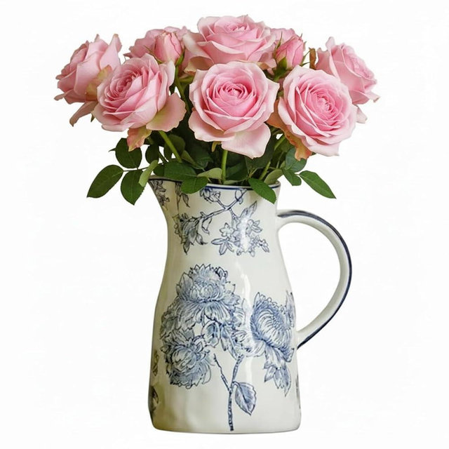 Ceramic Blue and White Vase with Handle, Decorative Chinoiserie Flower Vase, Vintage Floral Blue Vase, Large Blue and White Porcelain Jar Vase for Living Room Bookshelf Office Home Decoration