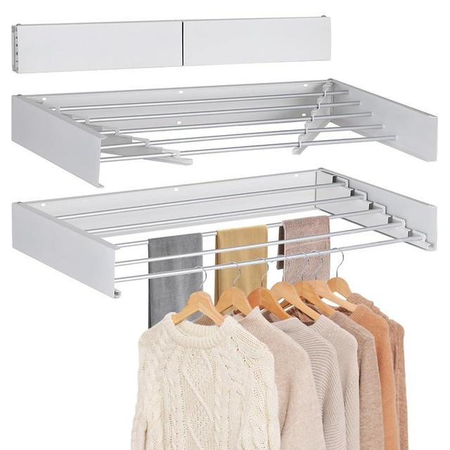 31.5" Wall Mounted Clothes Drying Rack, Foldable Laundry Drying Rack Collapsible, Towel Drying Rack, Laundry Racks for Drying Clothes with Wall Template for Indoor Outdoor Organization 60 lb Capacity