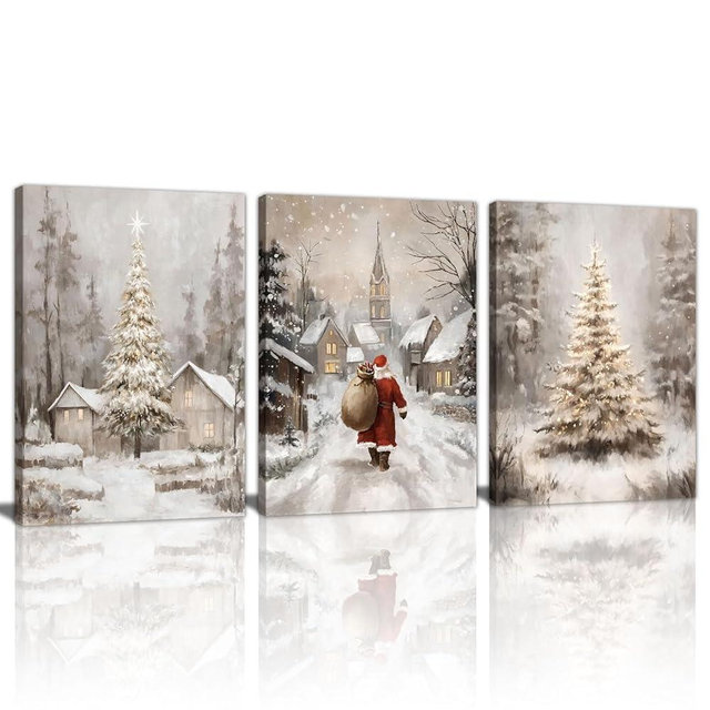 3Pcs Winter Snow Scene Canvas Wall Art for Bedroom, Christmas Pine Trees Landscape Wall Picture Retro Cabin Snowy Canvas Art Prints Painting Country Nature Wall Decor for Living Room Kitchen 12"x16"X3