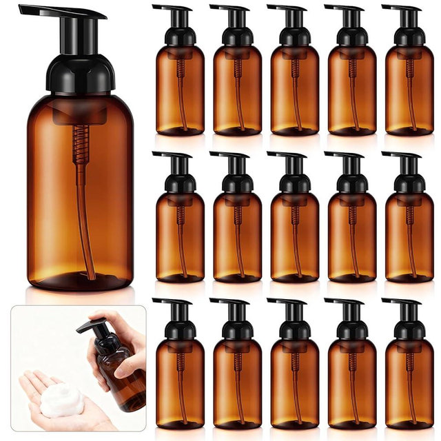 Uiifan 16 Pcs 10 oz Amber Foaming Soap Dispenser Refillable Foam Pump Bottle Liquid Plastic Container for Kitchen Bathroom Commercial Concentrated or Regular Shampoo Body Wash Dish Liquid Soap