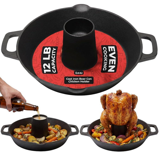 Cast Iron Vertical Chicken Roaster with Drip Pan - Beer Can Holder for Crispy Juicy Poultry on Grill, Oven, Stovetop & Campfire | Pre-Seasoned Non-Stick BBQ Cooking Stand for Chicken Turkey & Veggies