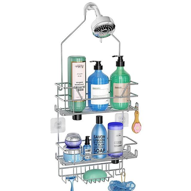 Shower Caddy over Shower Head, Silver Hanging Shower Organizer, Shower Storage Rack with Hooks for Razor, Bathroom Shampoo Holder