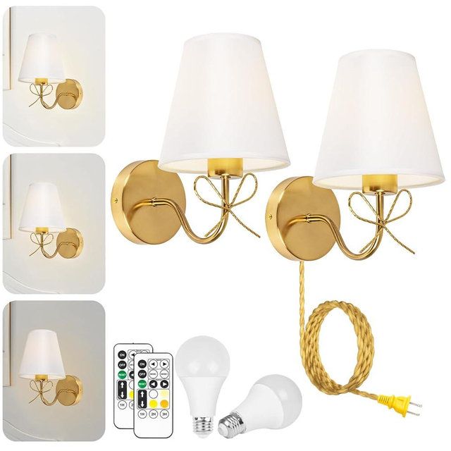 Mesuz Antique Brass Bow Wall Sconces, Gold Wall Light Set of 2 with Plug-in Cord or Hardwired 110V, Remote Control Dimmable LED Bulbs for Bedroom Living Room Home Mulit Color Temperature