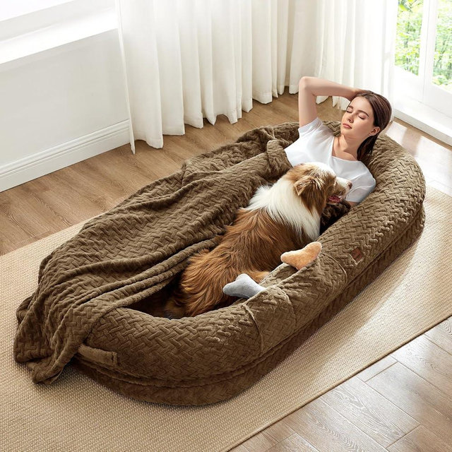 Human Dog Bed for Adult - Luxury Faux Fur Giant Size Dog Bed with Portable Handle, Egg Orthopedic Foam with Blanket, 72"x40"x10", Brown