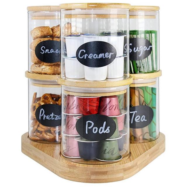 Stackable Glass Jars with Bamboo Tray, Glass Food Storage Containers with Bamboo Lids, Glass Jars for Pantry Food Storage, Glass Canisters with airtight lids , Glass Pantry Container Set with Bamboo Lid (6 Pack of 16oz)