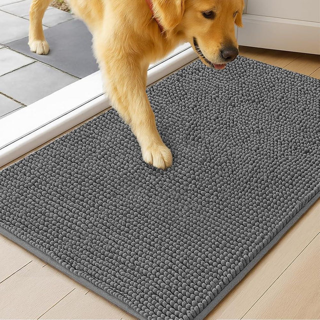 MudGuard Mat™ Dog Door Mat for Muddy Paws, Super Absorbent Microfiber, Non-Slip Indoor Mat, Quick Dry Chenille Mud Mat for Dogs & Entryway, Washable, Grey 19" x 30"