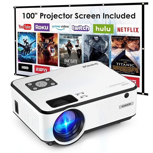 Mini Projector, SHIMOR C9 Portable Movie Projector with 100Inch Projector Screen, 1080P Supported Compatible with TV Stick, Video Games, HDMI,USB,TF,VGA,AUX,AV