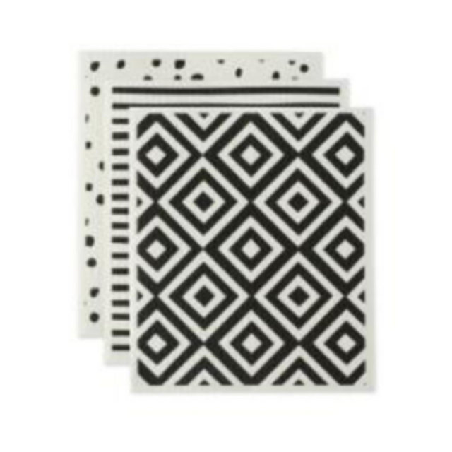 Design Imports Swedish Dishcloths for Kitchen Cleaning, Machine Washable Dishwasher Safe, 7.75 x 6.75", Black White, 3 Piece
