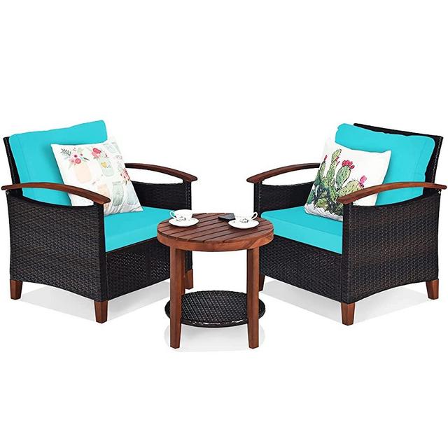 Tangkula 3 Pieces Patio Furniture Set, Outdoor Rattan Sofa and Side Table w/Solid Acacia Wood Frame, High Load Bearing Conversation Bistro Set w/Washable and Removable Cushions (Turquoise)