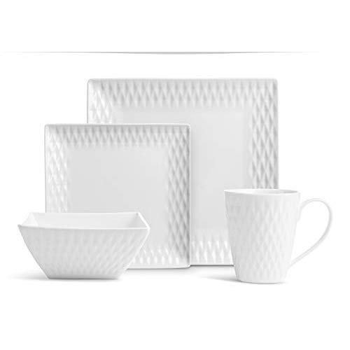 32 Pc. Square Pure Porcelain Dishes Set – White Dinner Plates, Bowls, Coffee Cups (Diamand)