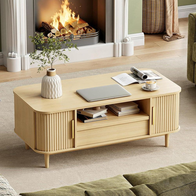 IRONCK 47.2" Modern Coffee Table with Storage, Wooden Coffee Tables with Drawers and Sliding Door, Fluted Center Table for Living Room Office, Oak