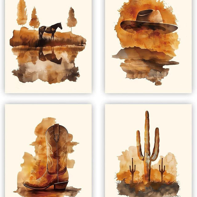 NIIORTY Western Cowboy Theme Wall Art, Horse Cowboy Hat Cowboy Boots and Cactus Vintage Decor for Man Cave Farmhouse Theme and Western Home Decor, Set of 4, 8x10 Inches Unframed
