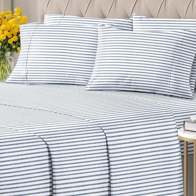 Queen 6 Piece Sheet Set - Breathable & Cooling Bed Sheets - Hotel Luxury Bed Sheets for Women, Men, Kids & Teens - Bedding w/ Deep Pockets & Easy Fit - Soft & Wrinkle Free - Queen Blue Stripes Sheets