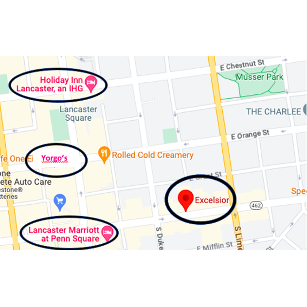 This is a map highlighting the venue, after party location, and hotels