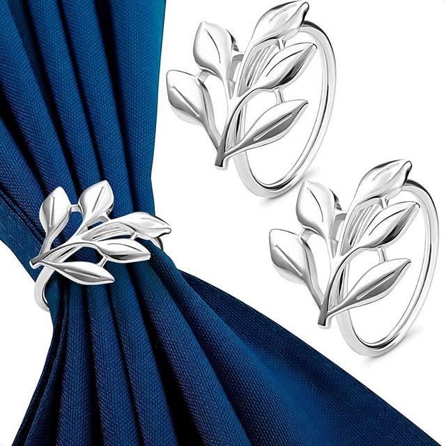 20Pcs Napkin Rings Silver Leaf - White Napkin Rings Bulk for Wedding, Party, Easter Napkin Rings and Christmas Napkin Rings - Silver Napkin Rings for Formal or Casual Dining Table Flower Napkin Holder