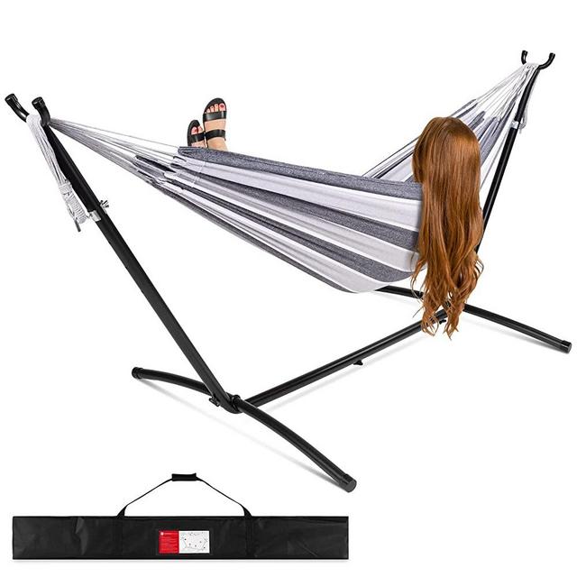 Best Choice Products 2-Person Indoor Outdoor Brazilian-Style Cotton Double Hammock Bed w/Carrying Bag, Steel Stand - Steel