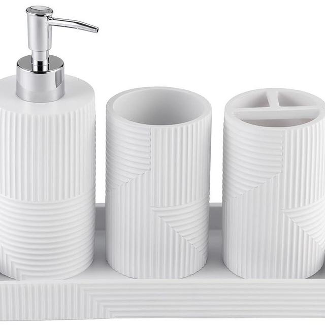 KRALIX Sedona 4-Piece Bathroom Accessory Set, Includes Lotion Soap Dispenser, Vanity Tray, Tumbler and Toothbrush Holder, White Paint Coated