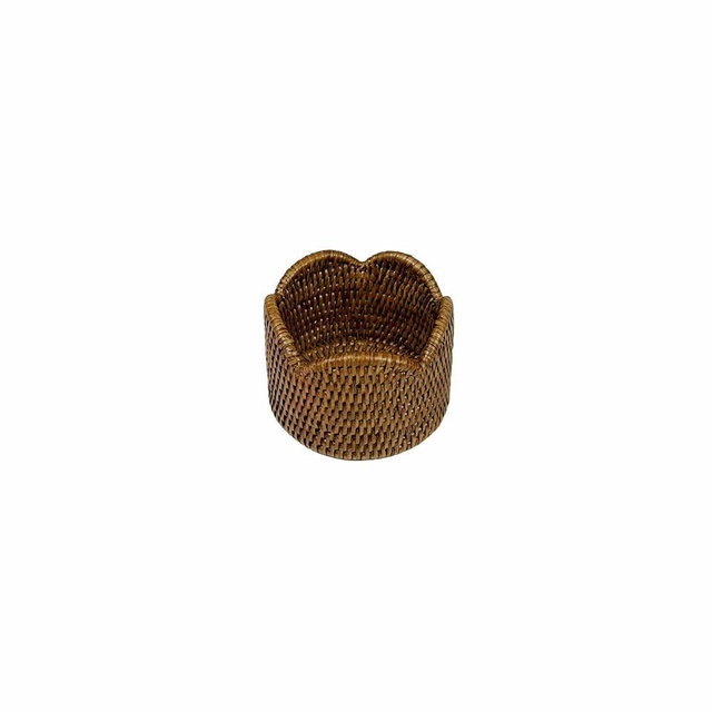 Caspari Rattan Scalloped Wine Coaster in Natural – 1 Coaster, Handwoven Double-Weave Design, 4" Diameter, Lacquer-Finished, Durable Natural Rattan Drink Coaster