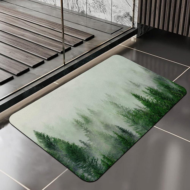ORTIGIA Green Misty Forest Bathroom Rug Quick Dry Super Absorbent Bath Mat Doormat Diatomite Mud Floor Mat Non Slip Rubber Bath Floor Rugs Shower Rug for in Front of Bathtub,Shower Room 16x24inch