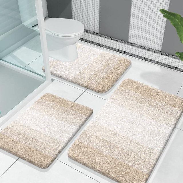 OLANLY Bathroom Rugs Sets 3 Piece, Absorbent Microfiber Bath Rugs and U-Shaped Contour Toilet Rug Area Rug Set, Non-Slip Bath Carpet, Home Decor Accessories, Bath Mat Set for Bathroom, Light Beige
