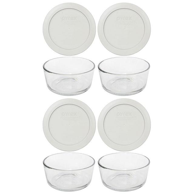 Pyrex (4 7200 Glass Bowls & (4) 7200-PC Sleek Silver Lids Made in the USA