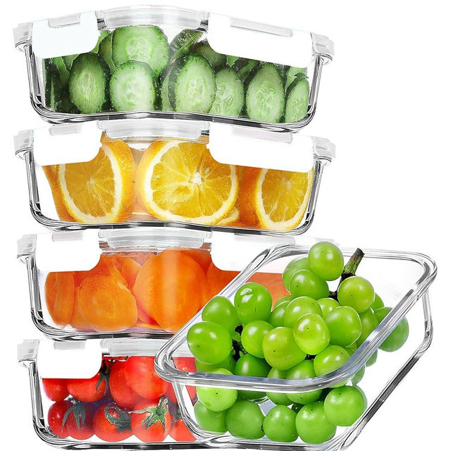 VERONES 5 Pack 36 OZ Glass Meal Prep Containers, Airtight Glass Lunch Containers Set, Food Storage Containers with Lids,Exclusive of BPA, for Microwave, Oven, Freezer & Dishwasher Friendly,White