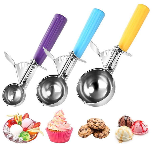 ZJHFC Ice Cream Scoop with Trigger, Cookie Scoops Set of 3 Portion Scoop 18/8 Stainless Steel Cupcake Measuring Scoop for Cookie Dough Cupcake Batter Ice Cream (4 oz + 2 oz + 0.8 oz)